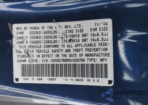 2005 Honda Cr-V Ex from USA, damaged, VIN SHSRD78885U308789